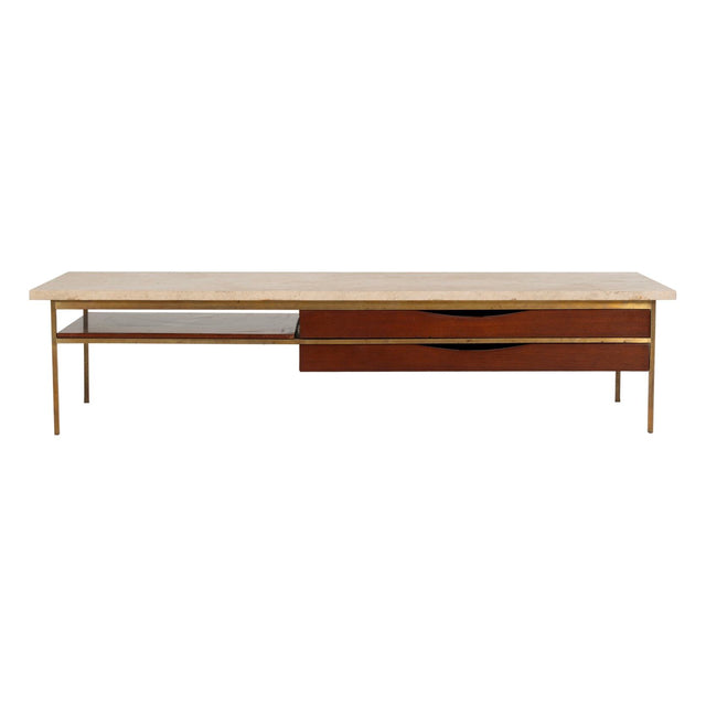 Paul McCobb for Calvin Brass, Walnut and Travertine Marble Slab-Top
