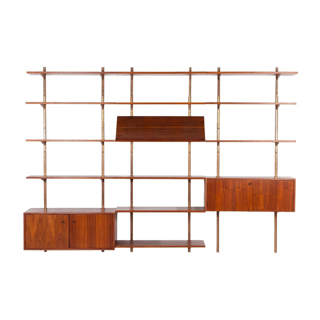 Edward Wormley for Dunbar Three-Bay Walnut & Brass Shelving System, 1952