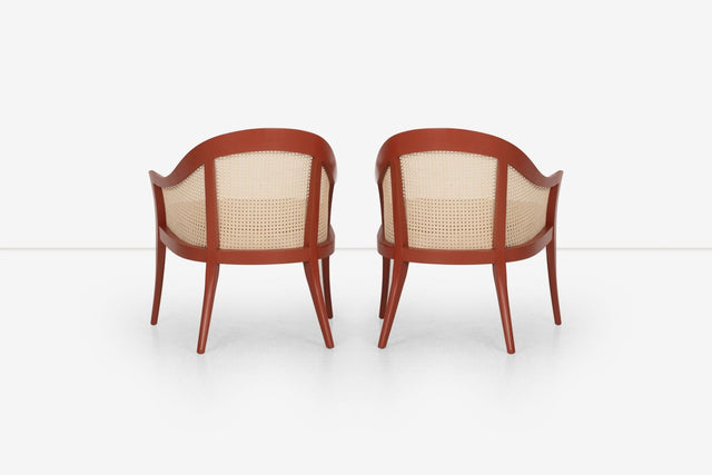 Harvey Probber Set of Four Occasional Chairs, Salmon Lacquer & Cane, c. 1960