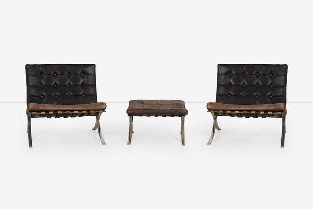 Rare Early Pair of Mies van der Rohe Barcelona Chairs & Ottoman, c. 1960