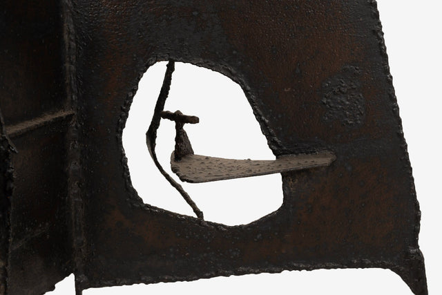 Brutalist Tripod Floor Sculpture, c. 1955 – Blackened Steel & Orange Crystal