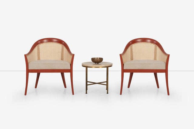 Harvey Probber Set of Four Occasional Chairs, Salmon Lacquer & Cane, c. 1960