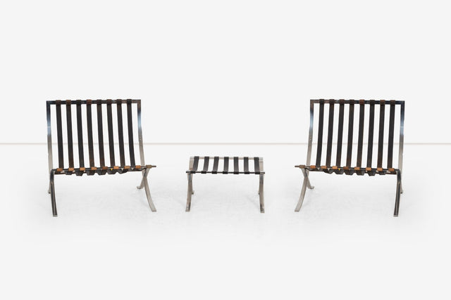 Rare Early Pair of Mies van der Rohe Barcelona Chairs & Ottoman, c. 1960