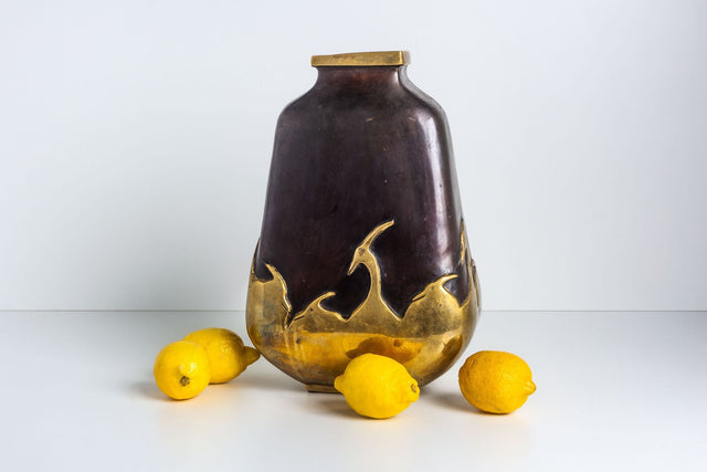 Handmade Art Deco Bronze Vase with Herons Overlay