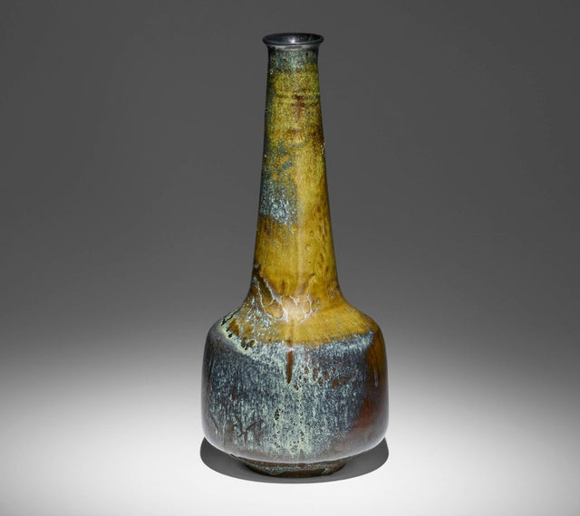 Gertrud and Otto Natzler Long-Necked Cylindrical Bottle with Lip, 1967