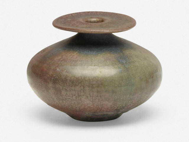 Gertrud and Otto Natzler Rare Form, Round Bottle with Flange, 1974