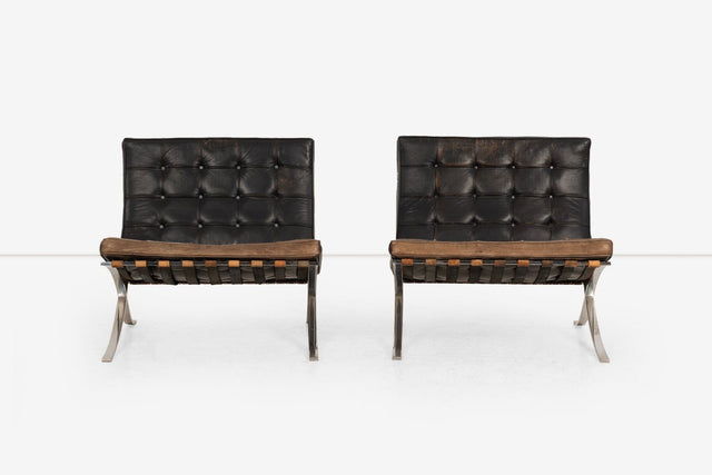 Rare Early Pair of Mies van der Rohe Barcelona Chairs & Ottoman, c. 1960