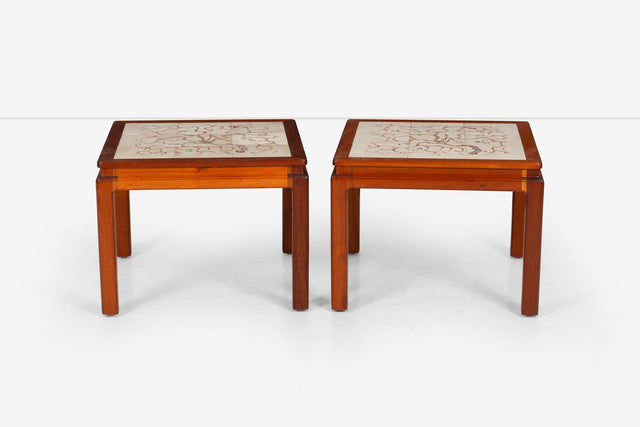 Pair of Parson End Tables by Edward Wormley for Dunbar with hand painted tiles