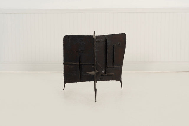 Brutalist Tripod Floor Sculpture, c. 1955 – Blackened Steel & Orange Crystal