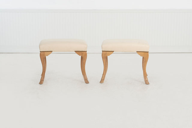 Pair of William Switzer Stools, c. 1985 – Maple Hoof-Foot Bases & Diamond-Print Upholstery