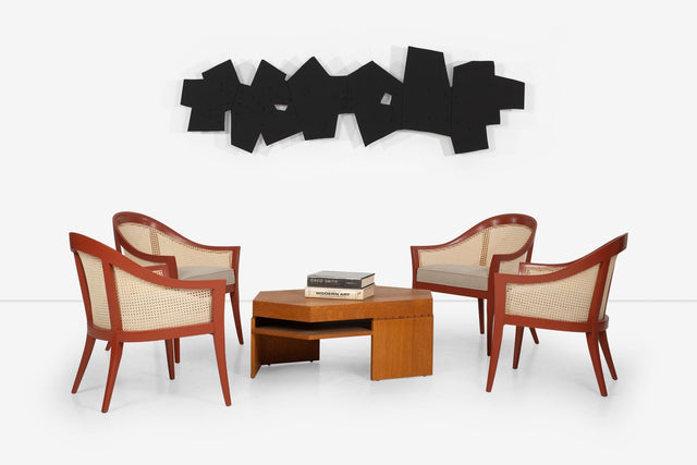Harvey Probber Set of Four Occasional Chairs, Salmon Lacquer & Cane, c. 1960