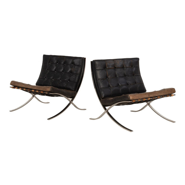 Rare Early Pair of Mies van der Rohe Barcelona Chairs & Ottoman, c. 1960