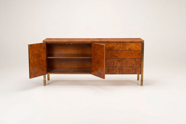 Tomlinson Burl Walnut Credenza or Sideboard, Brass Trim, North Carolina, 1960s