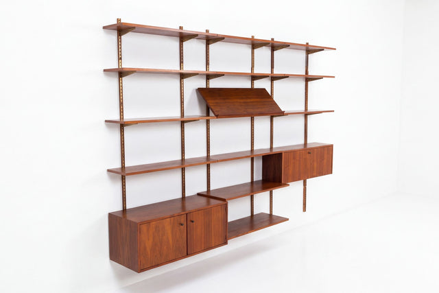Edward Wormley for Dunbar Three-Bay Walnut & Brass Shelving System, 1952