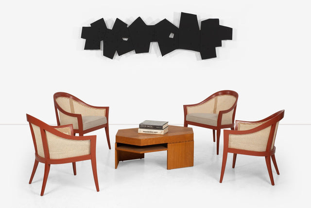 Harvey Probber Set of Four Occasional Chairs, Salmon Lacquer & Cane, c. 1960