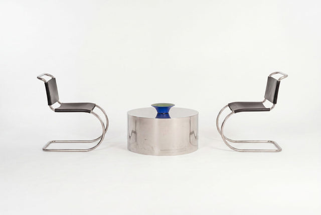 Custom Polished Metal Drum Coffee Table in the Style of Brueton, 1980
