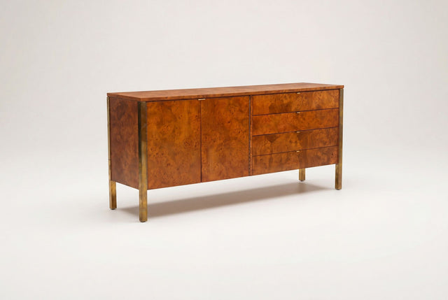Tomlinson Burl Walnut Credenza or Sideboard, Brass Trim, North Carolina, 1960s