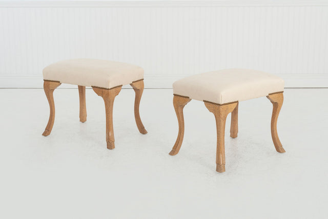 Pair of William Switzer Stools, c. 1985 – Maple Hoof-Foot Bases & Diamond-Print Upholstery