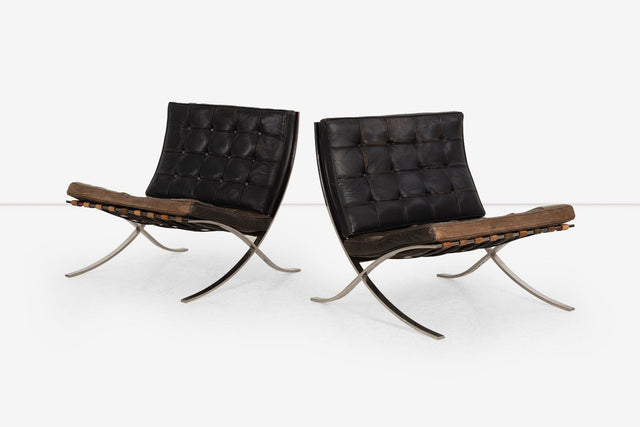 Rare Early Pair of Mies van der Rohe Barcelona Chairs & Ottoman, c. 1960
