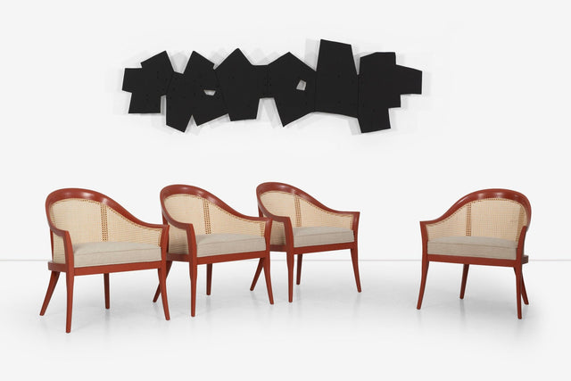 Harvey Probber Set of Four Occasional Chairs, Salmon Lacquer & Cane, c. 1960