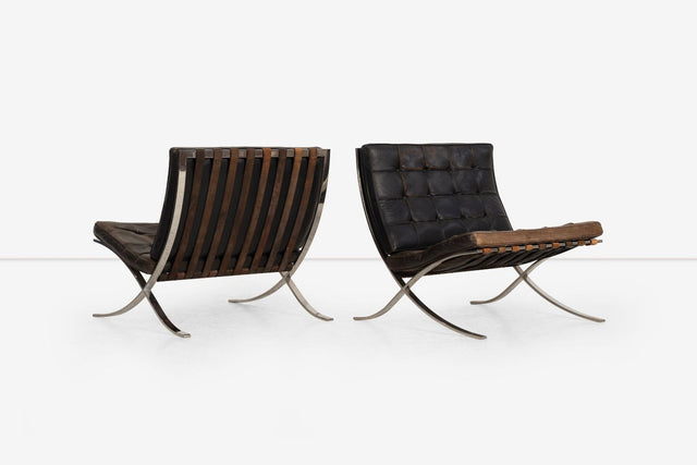 Rare Early Pair of Mies van der Rohe Barcelona Chairs & Ottoman, c. 1960