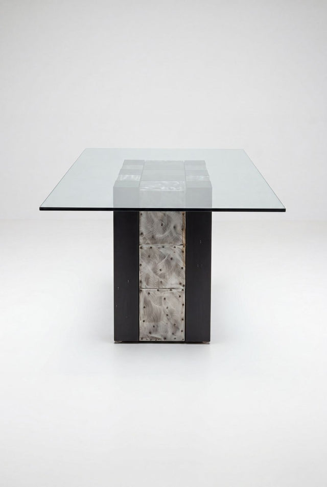 Paul Evans Style Dining Table with Glass Top, 1975 c.