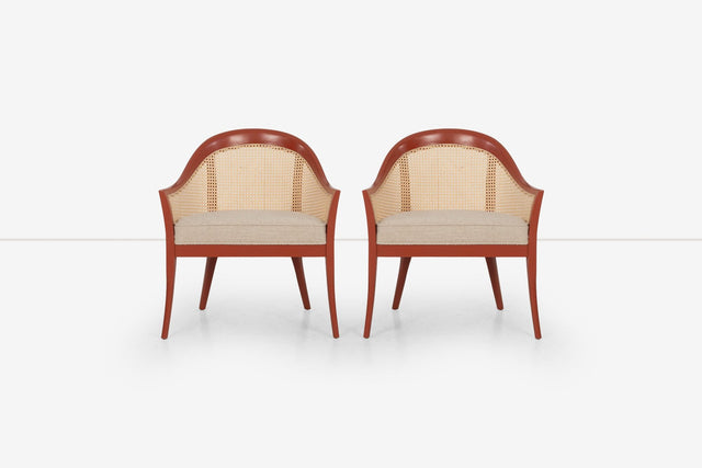 Harvey Probber Set of Four Occasional Chairs, Salmon Lacquer & Cane, c. 1960
