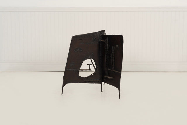 Brutalist Tripod Floor Sculpture, c. 1955 – Blackened Steel & Orange Crystal