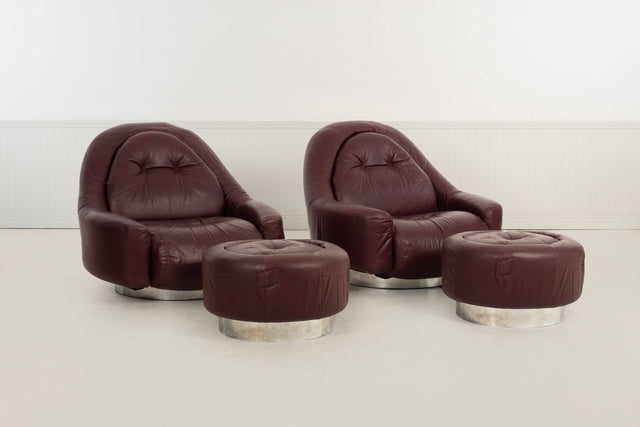 Guido Faleschini for Mariani Zator Lounge Chairs & Ottomans Oxblood Leather 1975