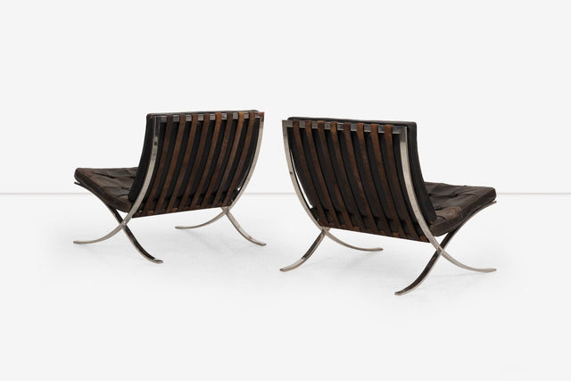 Rare Early Pair of Mies van der Rohe Barcelona Chairs & Ottoman, c. 1960