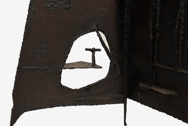 Brutalist Tripod Floor Sculpture, c. 1955 – Blackened Steel & Orange Crystal