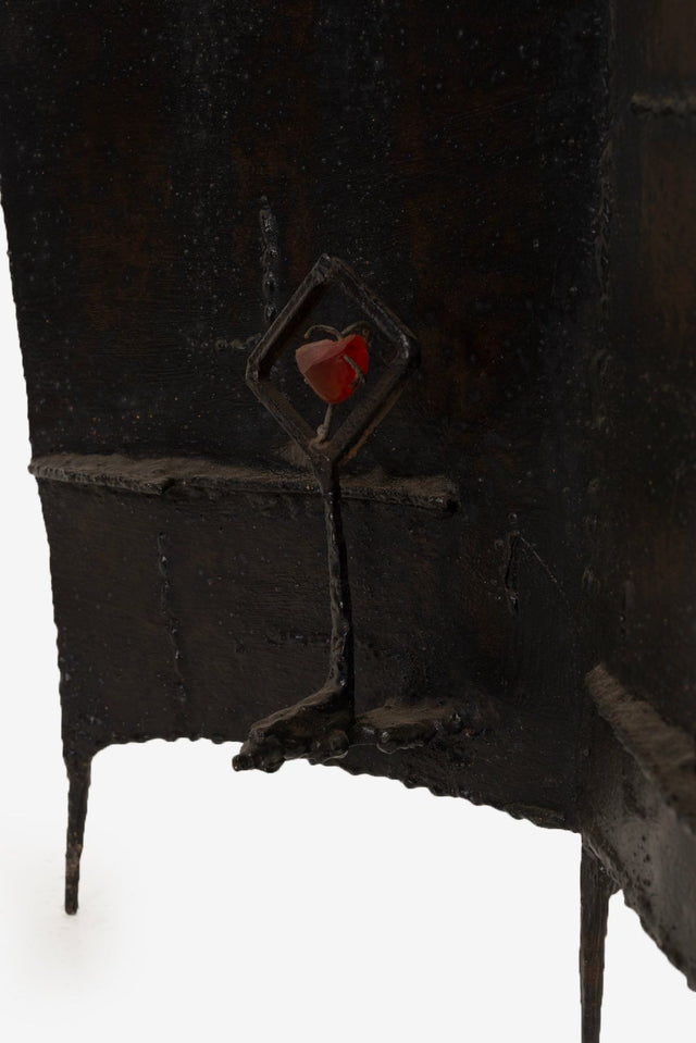 Brutalist Tripod Floor Sculpture, c. 1955 – Blackened Steel & Orange Crystal