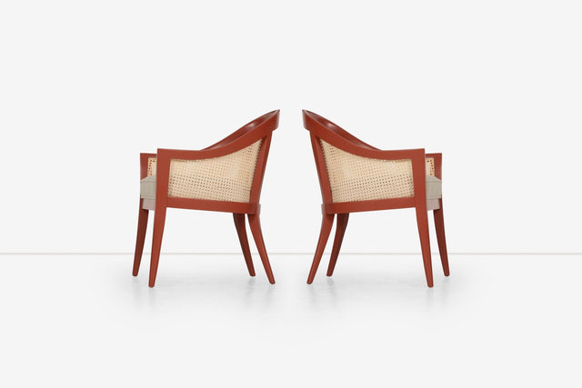 Harvey Probber Set of Four Occasional Chairs, Salmon Lacquer & Cane, c. 1960
