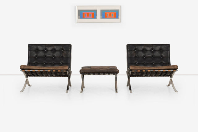 Rare Early Pair of Mies van der Rohe Barcelona Chairs & Ottoman, c. 1960