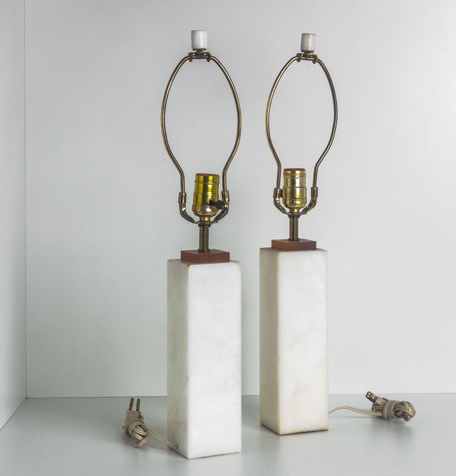 Pair of Italian Carrera Marble Square Bedside Lamps Nessen Style 1960's