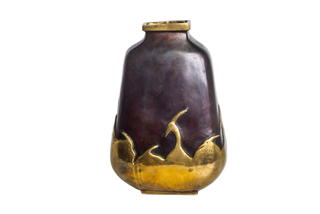 Handmade Art Deco Bronze Vase with Herons Overlay