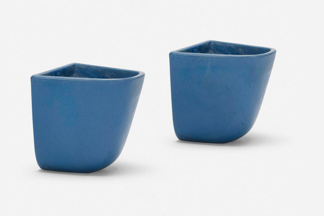 Pair of Architectural Pottery Domino Planters by Malcolm Leland in Rare Blue Glaze
