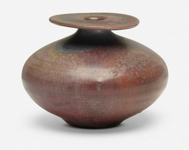 Gertrud and Otto Natzler Rare Form, Round Bottle with Flange, 1974