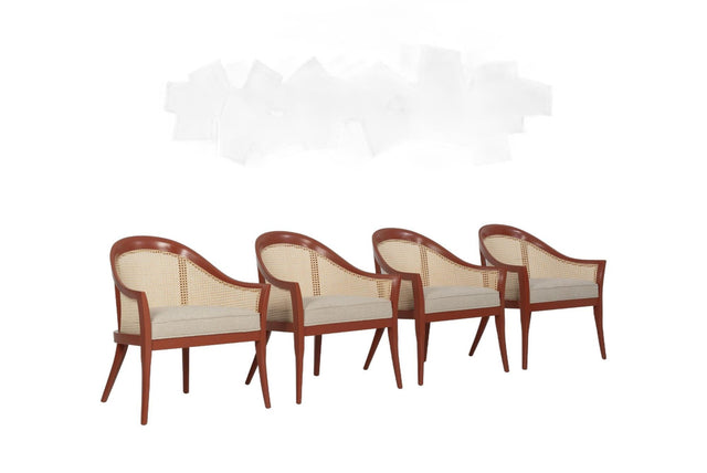 Harvey Probber Set of Four Occasional Chairs, Salmon Lacquer & Cane, c. 1960
