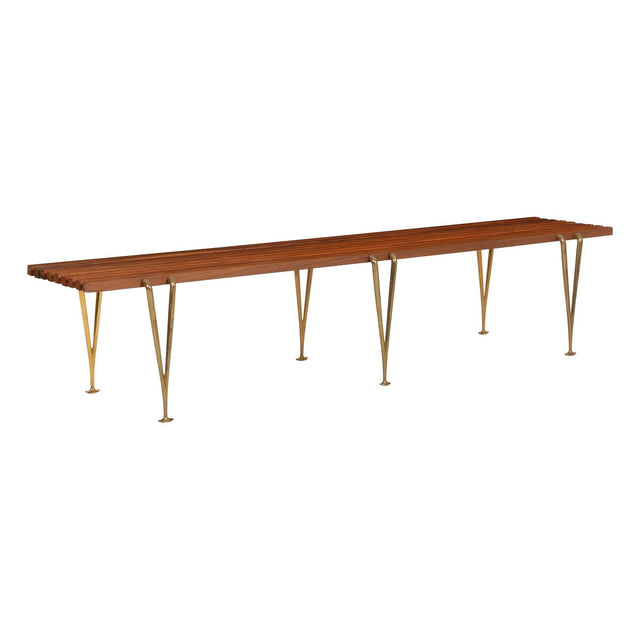 Hugh Acton Slat Bench, Oiled Walnut and Brass, 1960 Hand Signed by Acton