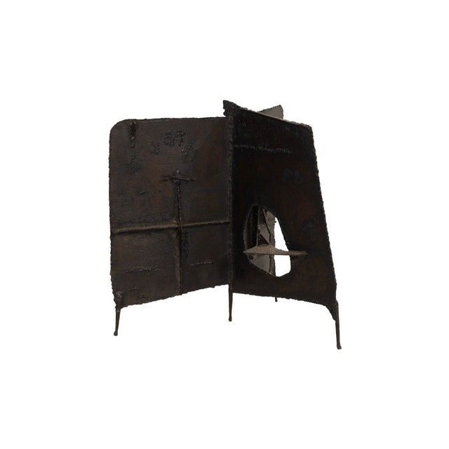 Brutalist Tripod Floor Sculpture, c. 1955 – Blackened Steel & Orange Crystal