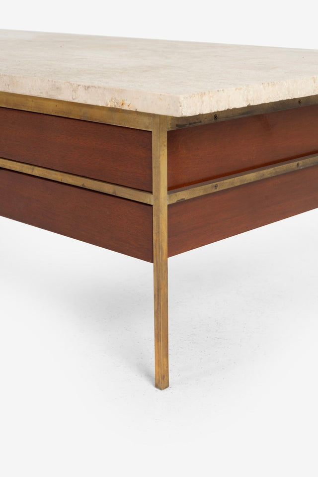 Paul McCobb for Calvin Brass, Walnut and Travertine Marble Slab-Top