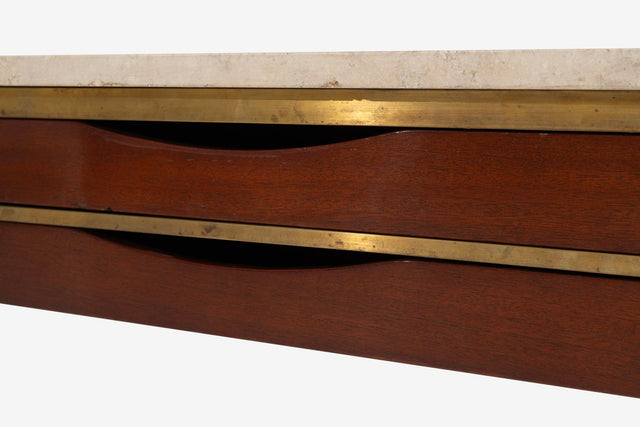 Paul McCobb for Calvin Brass, Walnut and Travertine Marble Slab-Top