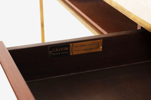 Paul McCobb for Calvin Brass, Walnut and Travertine Marble Slab-Top