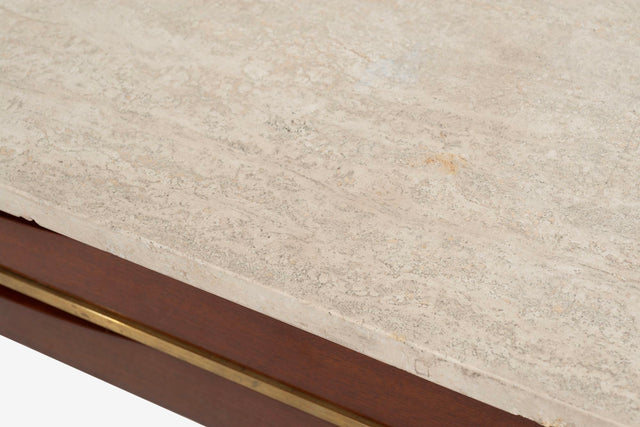 Paul McCobb for Calvin Brass, Walnut and Travertine Marble Slab-Top