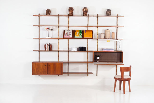 Edward Wormley for Dunbar Three-Bay Walnut & Brass Shelving System, 1952