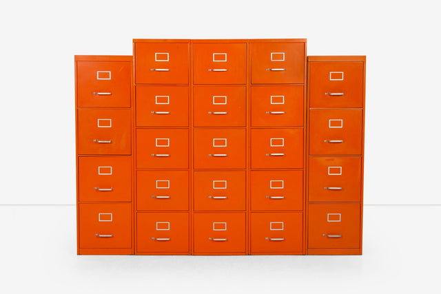 Set of Five Orange Industrial Filling Cabinets