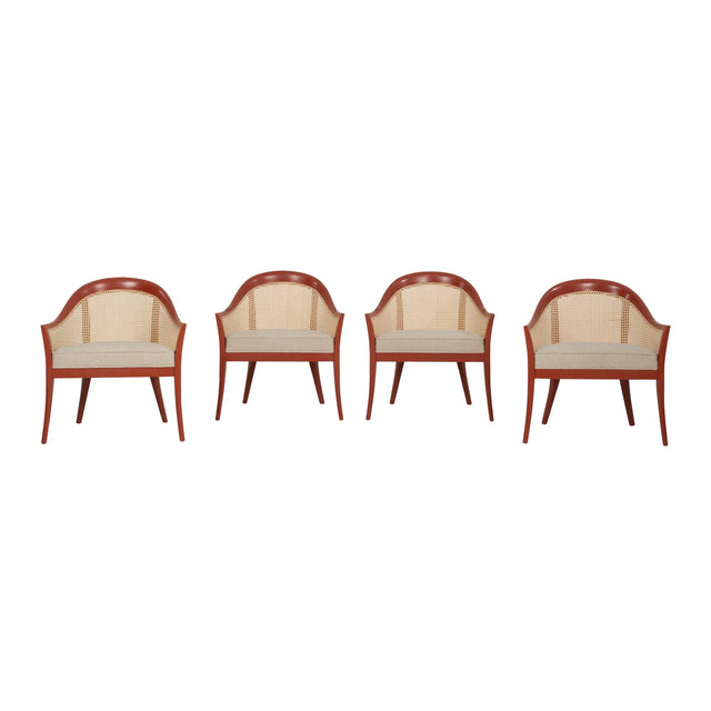 Harvey Probber Set of Four Occasional Chairs, Salmon Lacquer & Cane, c. 1960