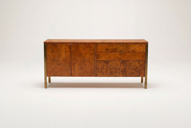 Tomlinson Burl Walnut Credenza or Sideboard, Brass Trim, North Carolina, 1960s