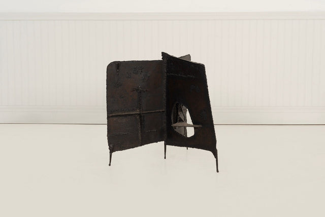 Brutalist Tripod Floor Sculpture, c. 1955 – Blackened Steel & Orange Crystal